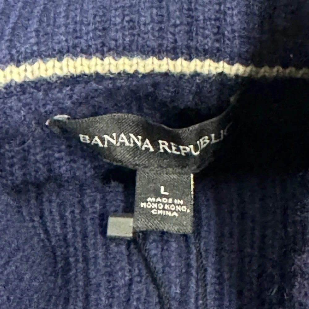 Banana Republic Mens Large Navy Blue Merino Wool Cashmere Ribbed 1/4 Zip Sweater